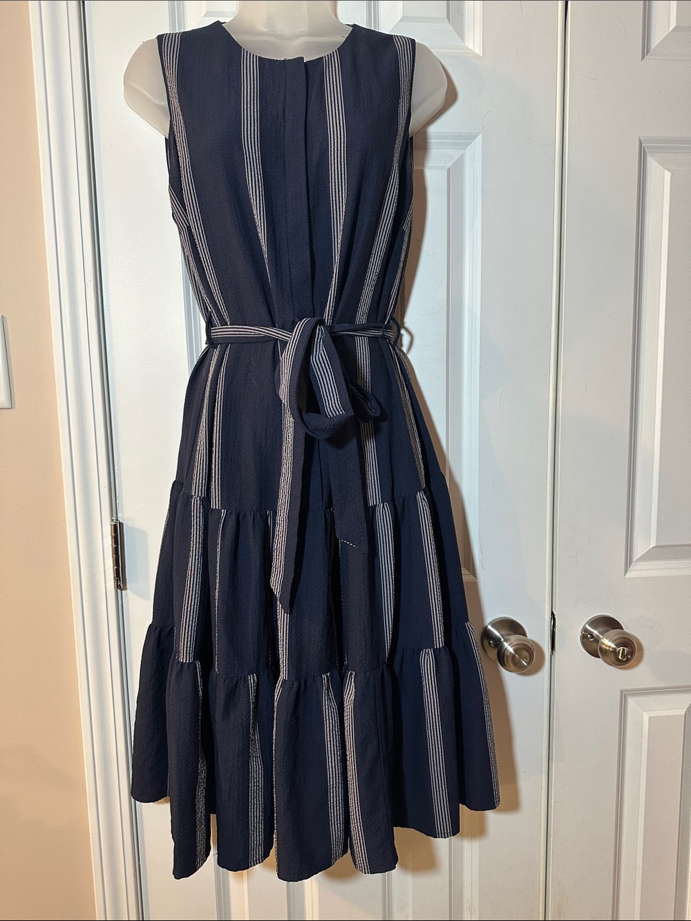 Calvin Klein Navy and White Striped Sleeveless Belted Midi Dress